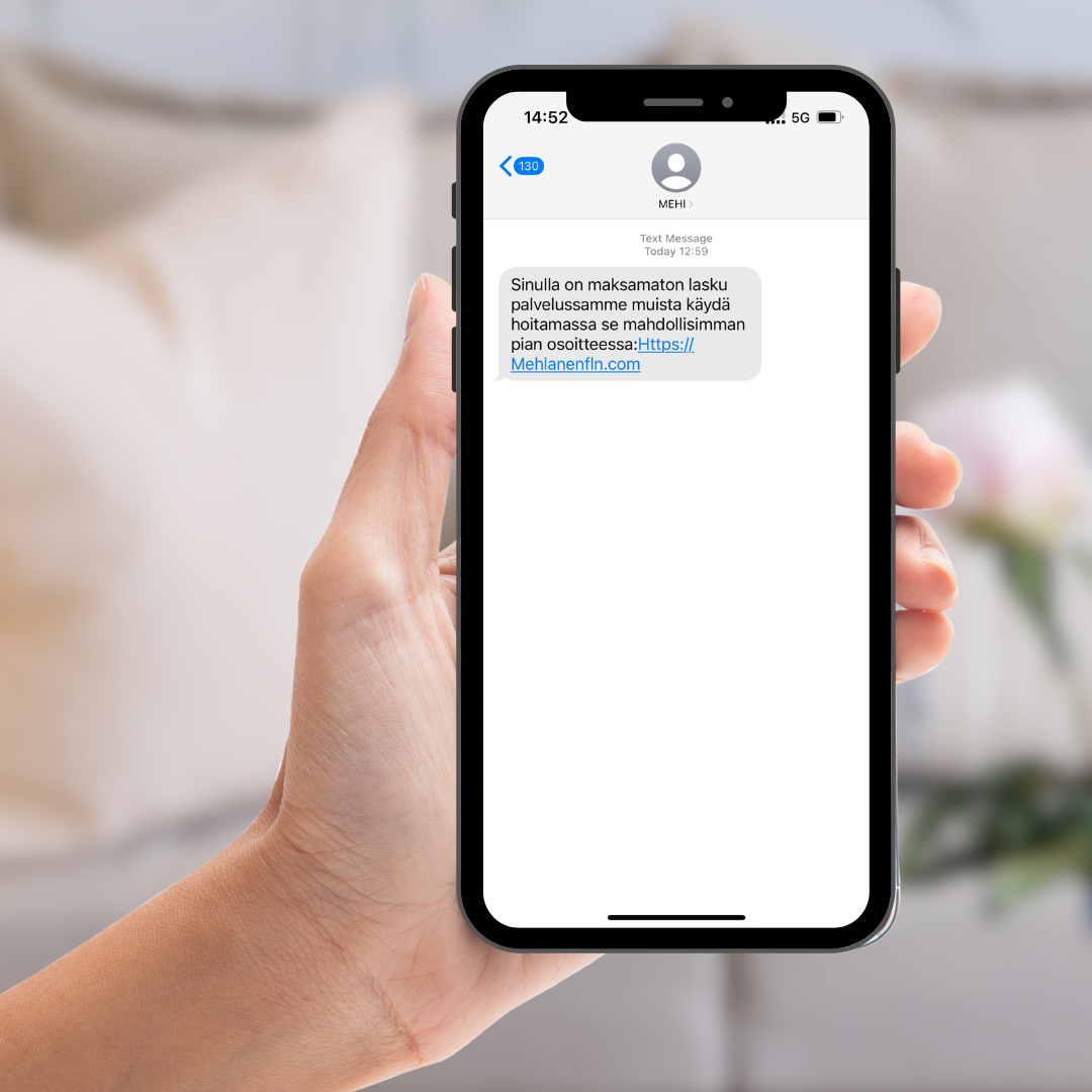 Mehiläisen nimissä esiintyvä huijaustekstiviesti jossa teksti: "Sinulla on maksamaton lasku palvelussamme muista käydä hoitamassa se mahdollisimman pian osoitteessa...